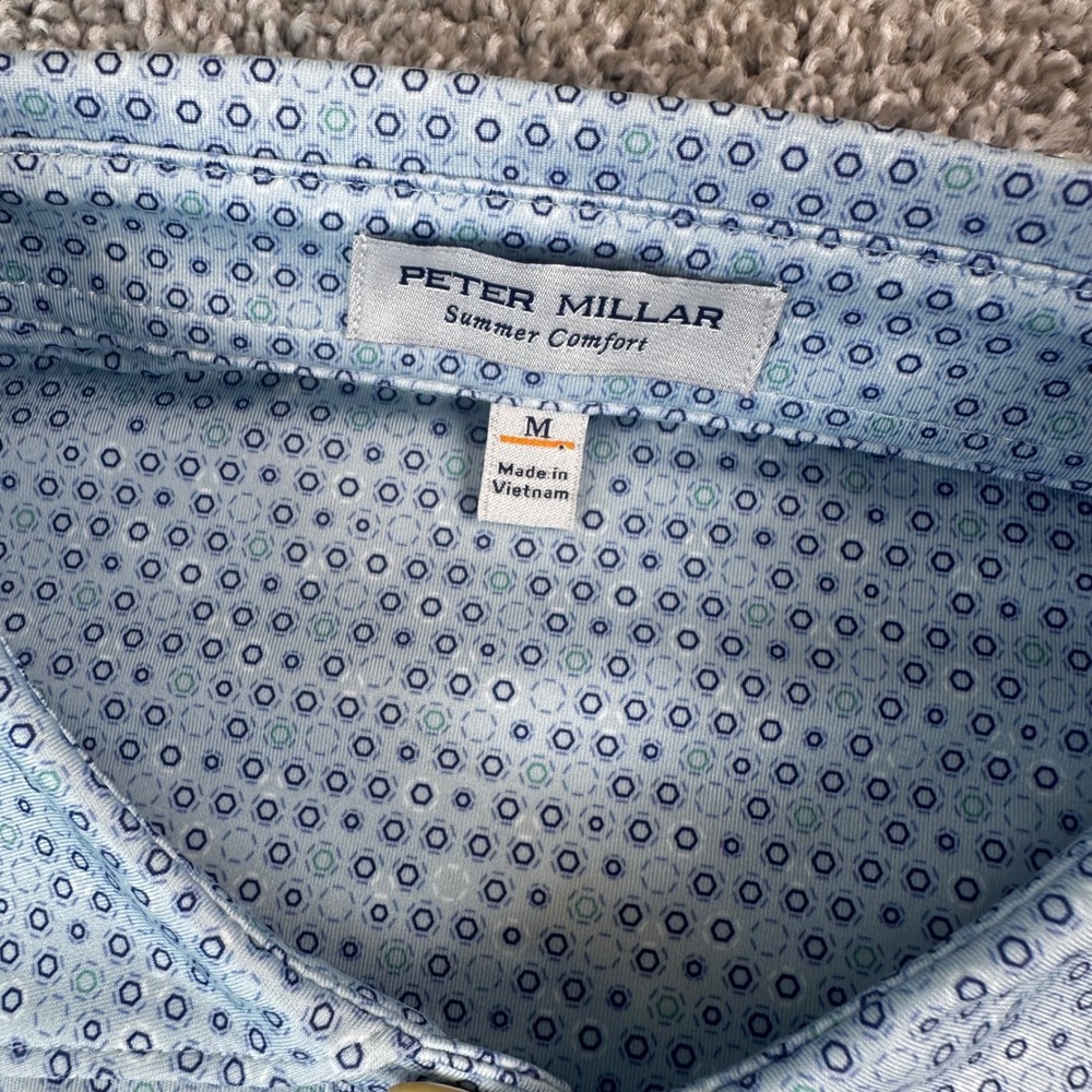 Peter Millar Summer Comfort Polo Shirt Mens Medium Sky Blue Geometric Golf NWT - Picture 4 of 8